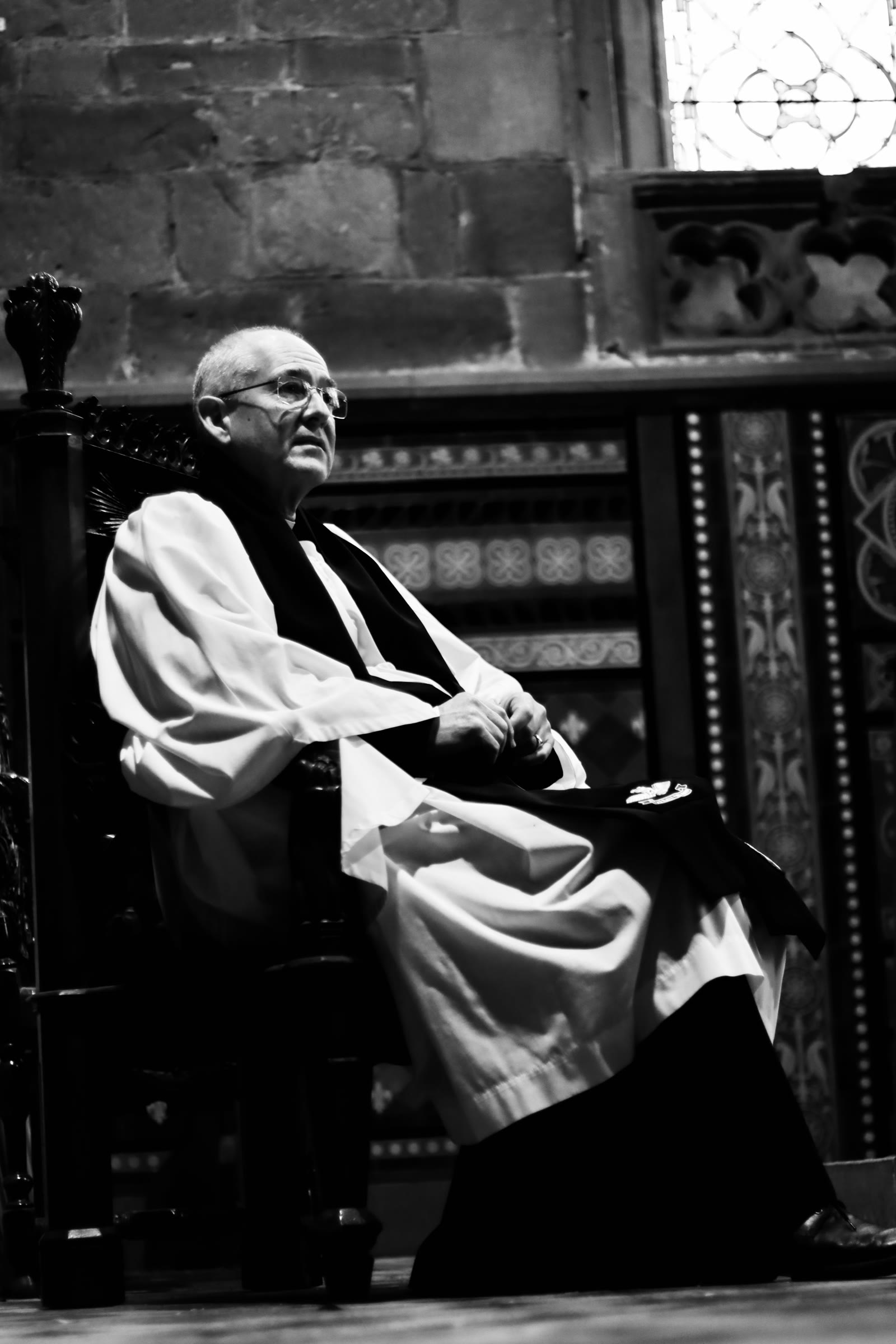 Portraits: In a carved chair, black and white
