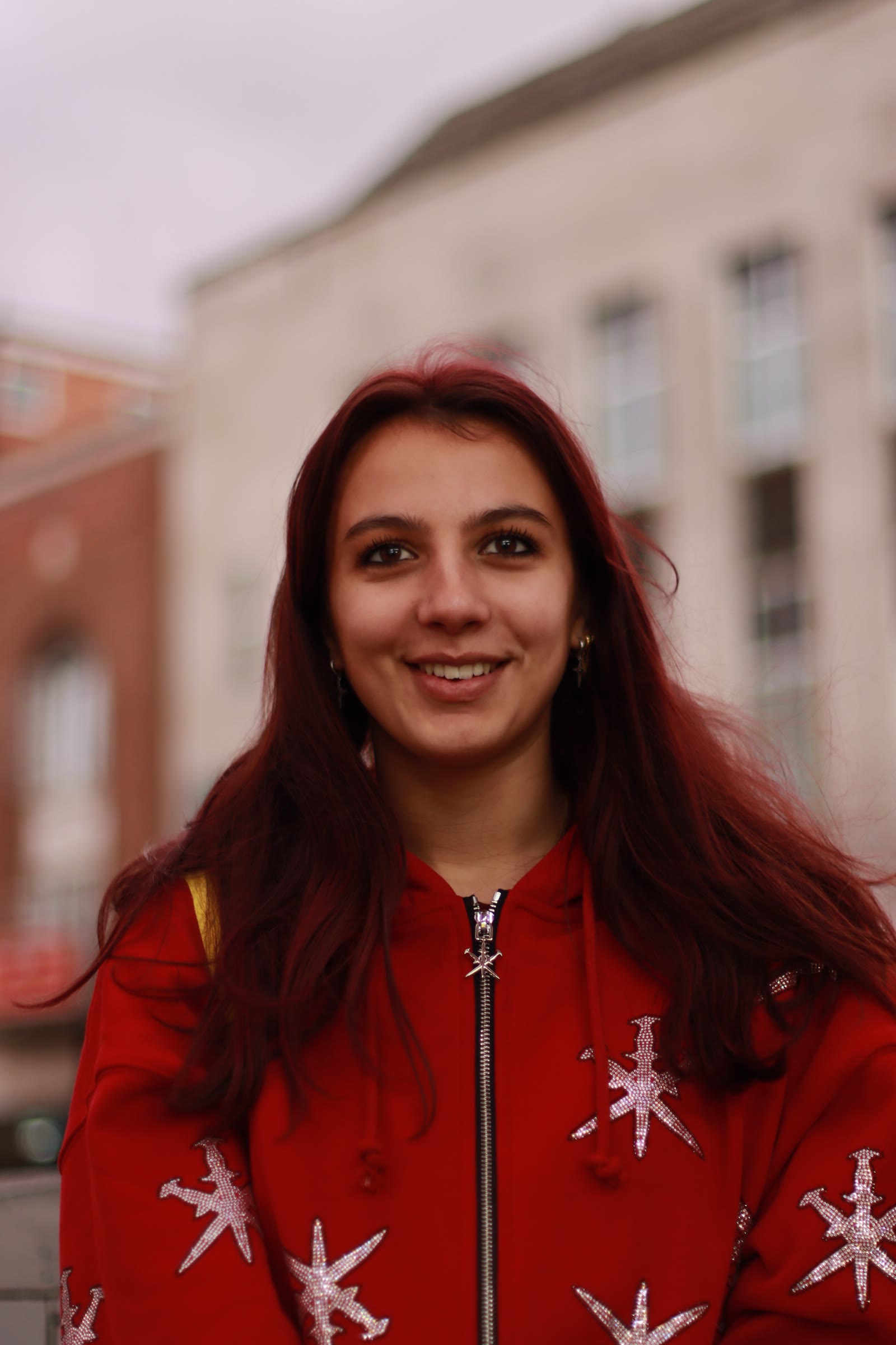 UK street portraits: Leicester, a red star-print jacket