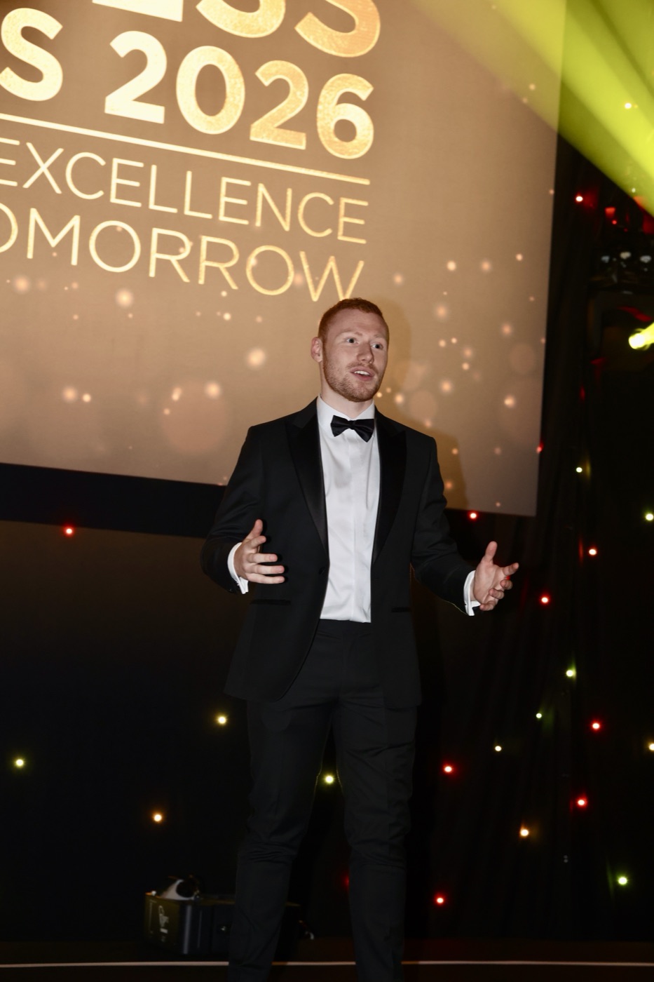 Joseph Carey in black tie on stage at the Shropshire Chamber Business Awards 2026
