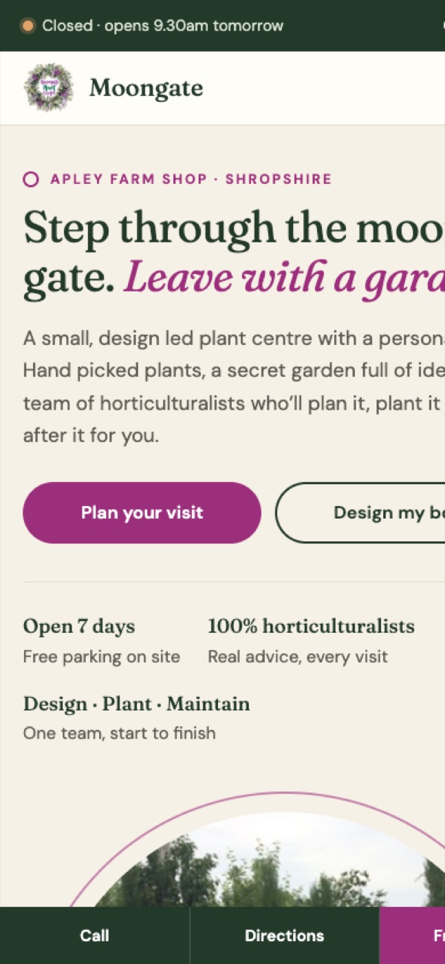 Moongate Plant Centre: Home page on a phone